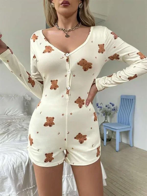 Pamuklu Ekru Ayıcık Desenli Düğmeli Tulum Pijama görsel 2