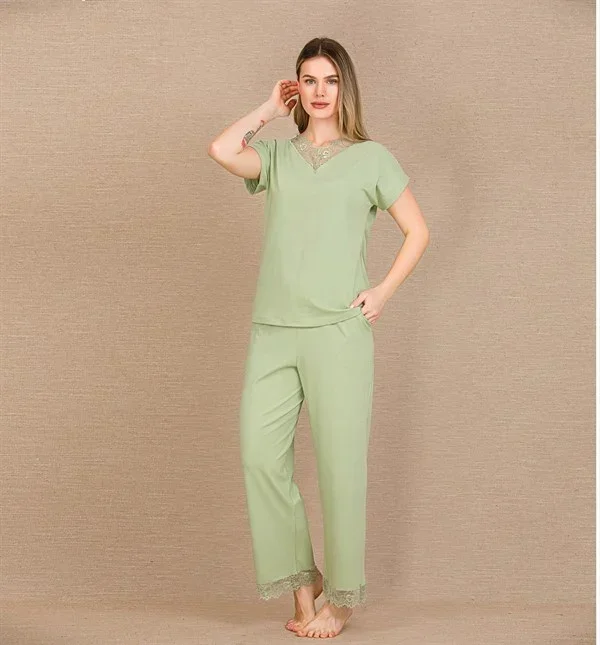 Pamuklu Şık Tasarım Dantel İşlemeli Yeşil Kısa Kol Pijama Takımı görsel 2