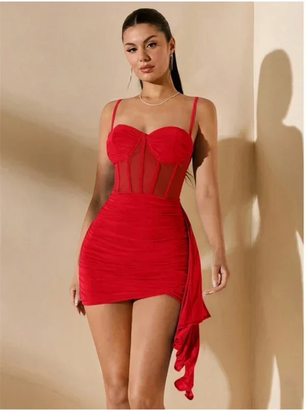 Özel Şık Tasarım Kırmızı Korse Görünümlü Mini Club Elbisesi görsel 3