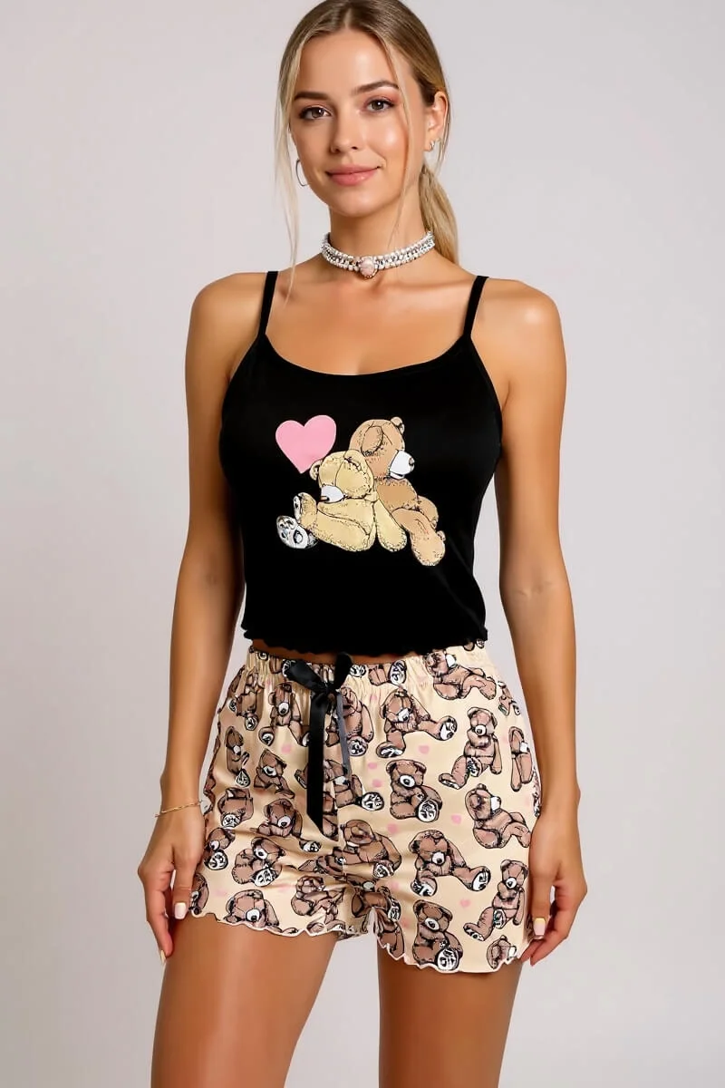 Renkli Ayıcık Desenli Askılı Şortlu Kadın Pijama Takımı görsel 3