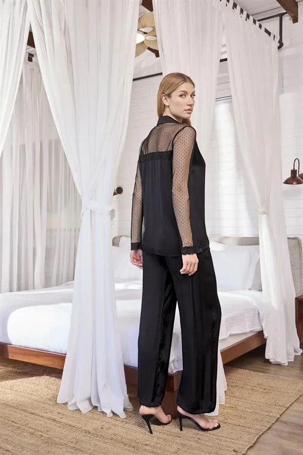 Dantelli ve Tüllü Uzun Kollu Önü Düğmeli Saten Pijama Takımı görsel 5