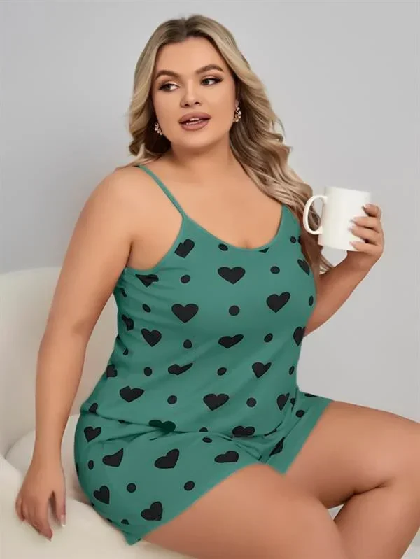 Büyük Beden Yeşil Kalp Desen Pamuklu Şortlu Pijama Takımı