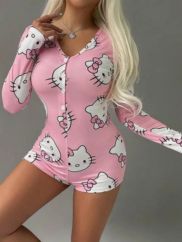 Pamuklu Pembe Hello Kitty Desenli Düğmeli Uzun Kol Tulum Pijama görsel 2