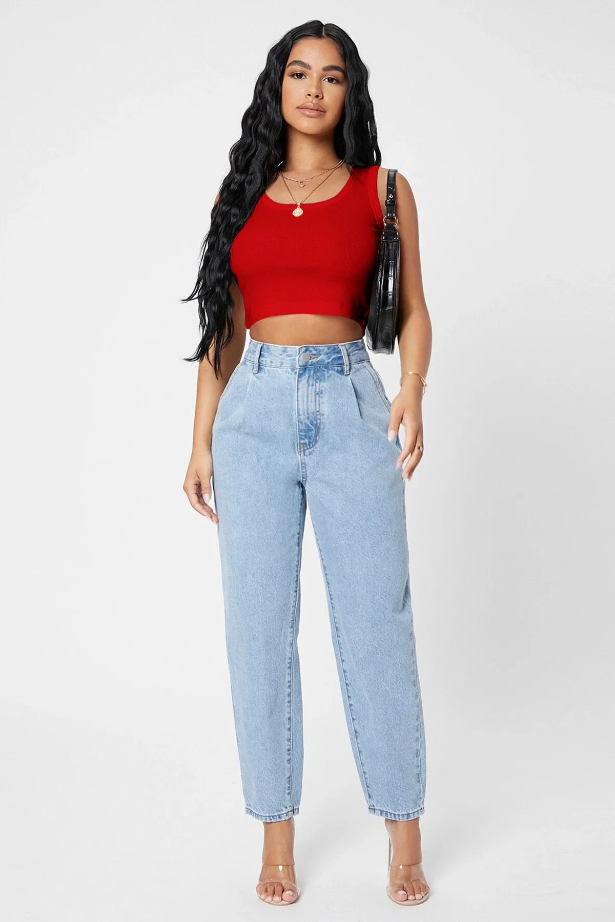 Kadın Kırmızı Kare Yaka Crop Top Bluz görsel 3