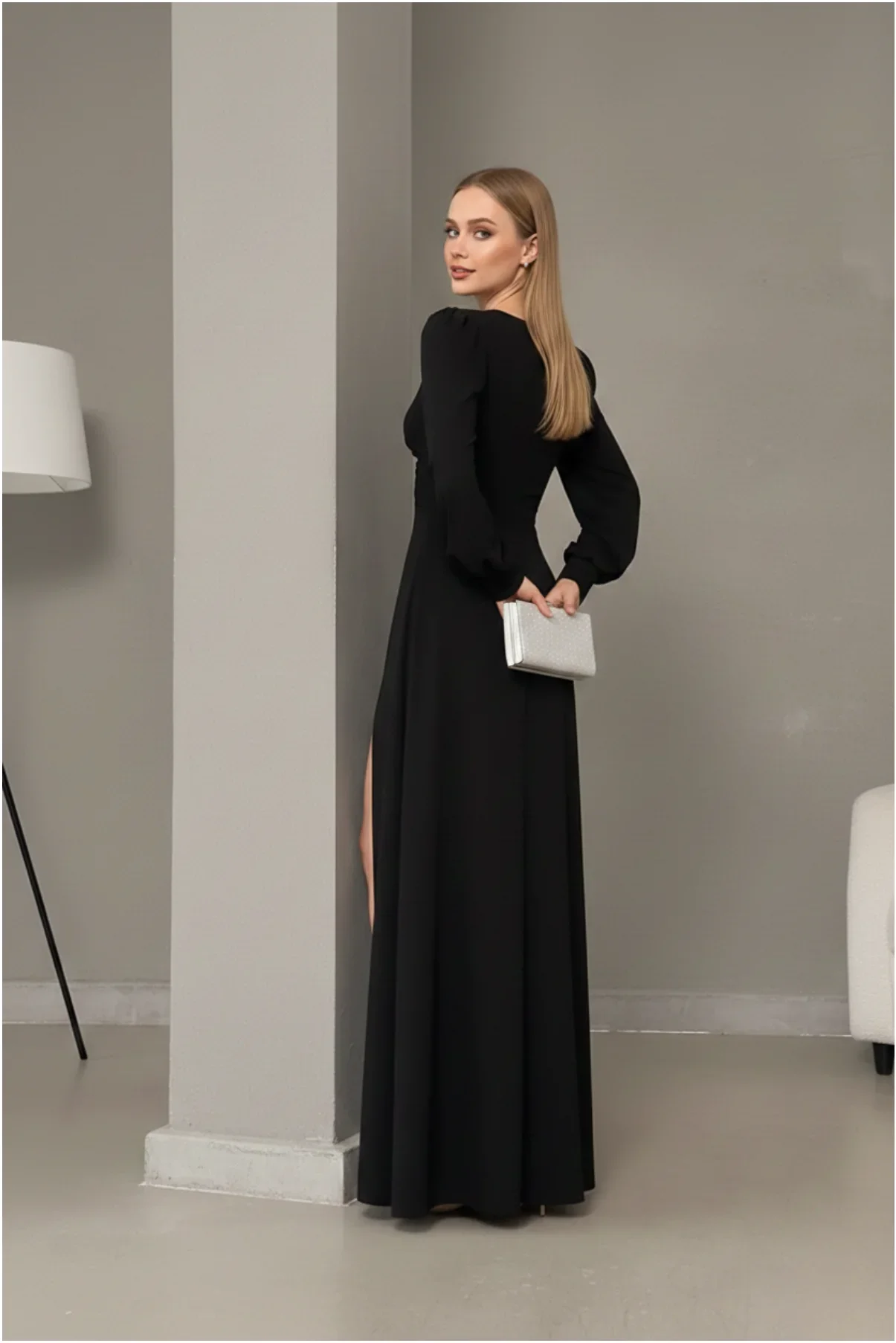 Kadın Uzun Kollu Çift Yırtmaçlı Abiye Elbise görsel 2