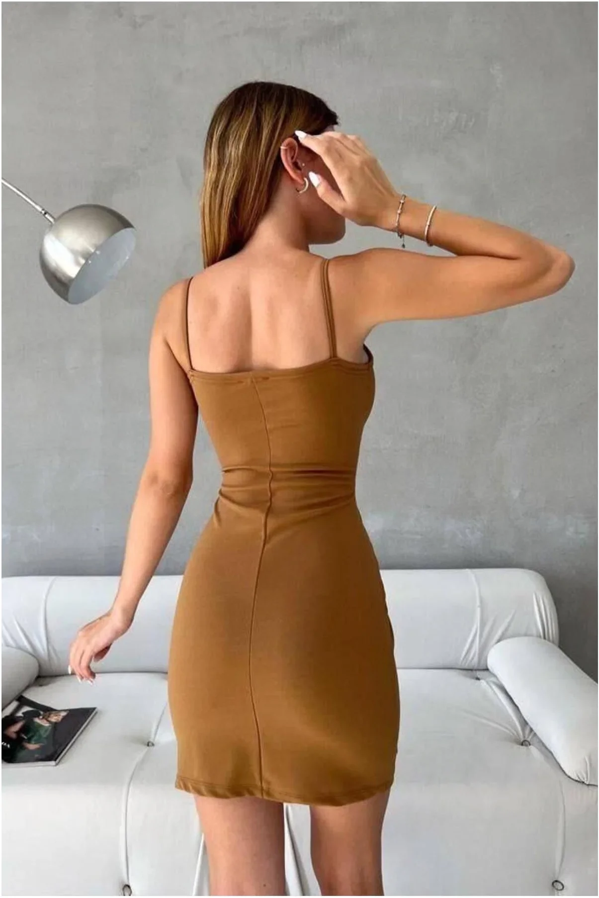 Krep Yırtmaçlı Elbise Kare Yaka Askılı Abiye Kumaş görsel 3