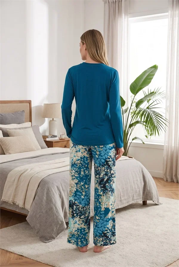 Şık Tasarım Desenli Geniş Paçalı Yumuşak Dokulu Viskon Kumaş 2'li Pijama Takımı görsel 3