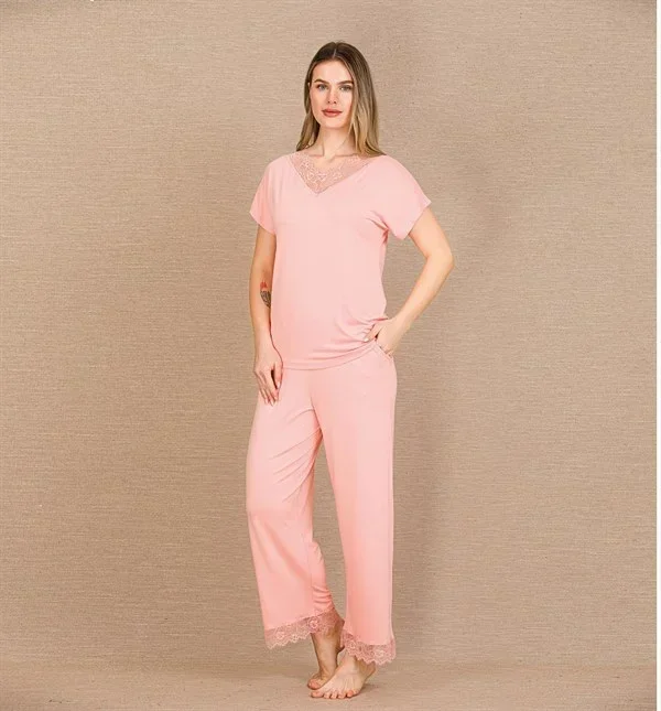 Viskon Şık Tasarım Dantel İşlemeli Açık Pembe Kısa Kol Pijama Takımı görsel 2