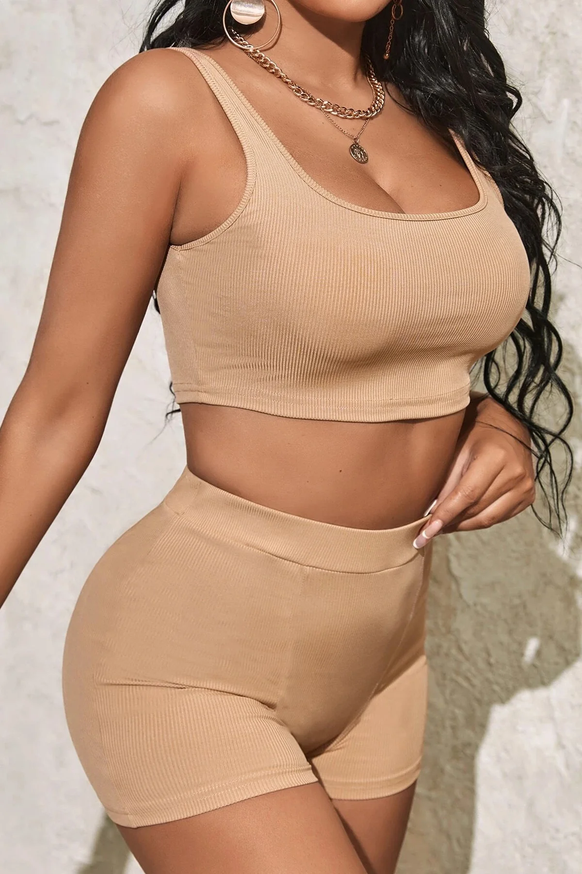 Kadın Krem Rengi Şortlu Crop Top Gecelik Takım görsel 4