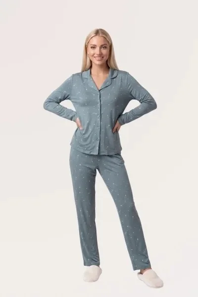 Pjs 30198 Kadın Önden Düğmeli Uzun Kol Pijama Takımı
