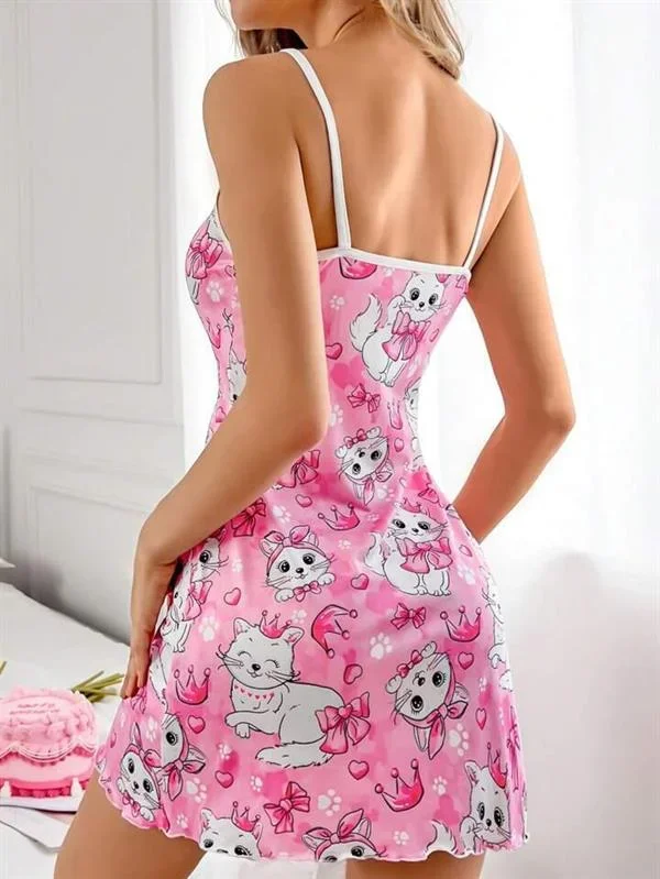 Pembe Kedi Desenli Gecelik görsel 2