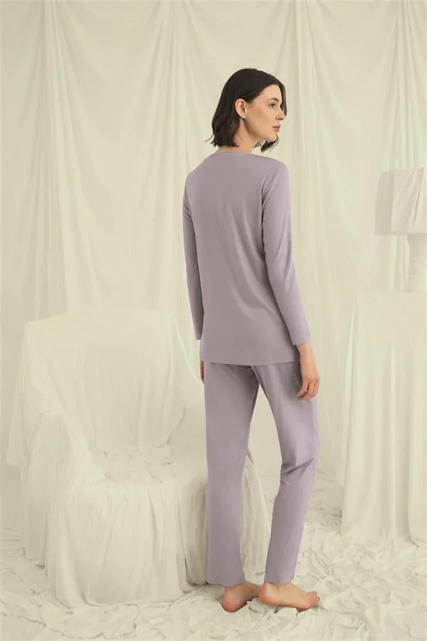 Uzun Kollu Boydan Düğmeli V Yaka Pijama Takımı görsel 6