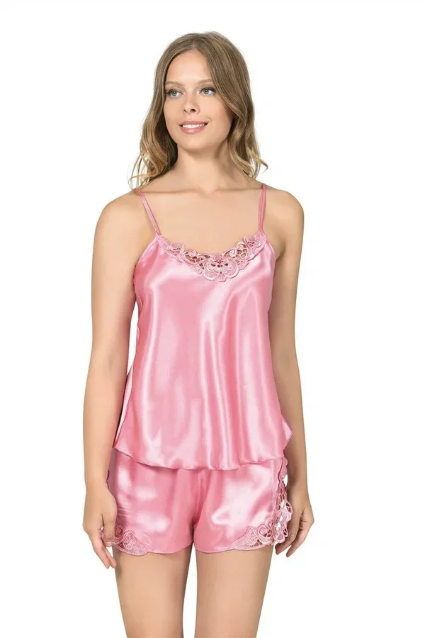 Şık Tasarım Yumuşak Dokulu Dantel İşlemeli Koyu Pembe Saten Babydoll Şort Takım