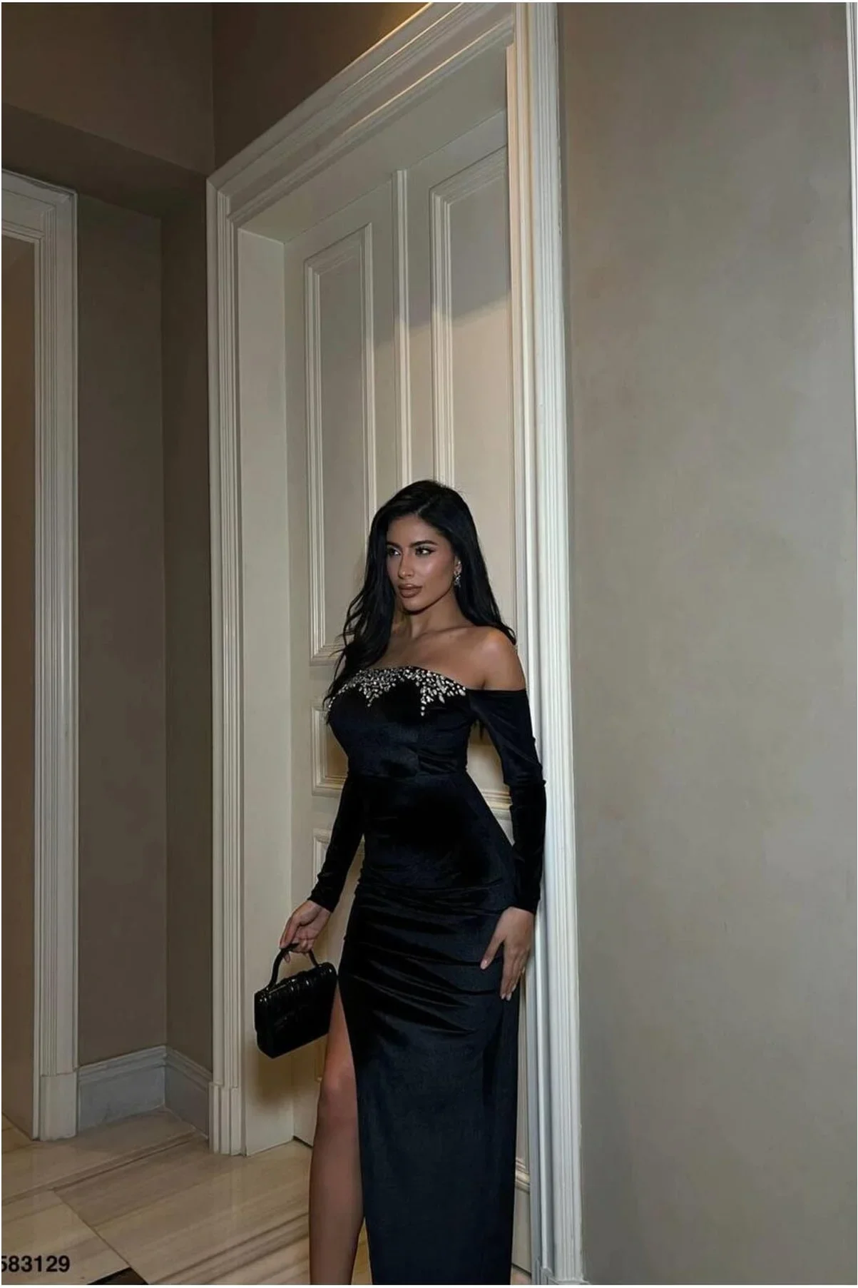 Kadın Trend Tasarım Esnek Kadife Kumaş Straplez Yırtmaçlı Abiye Elbise görsel 6
