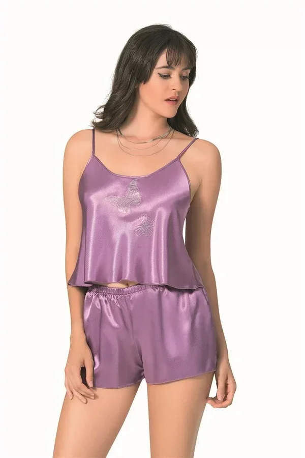 Lila Saten Babydoll Şort Takımı