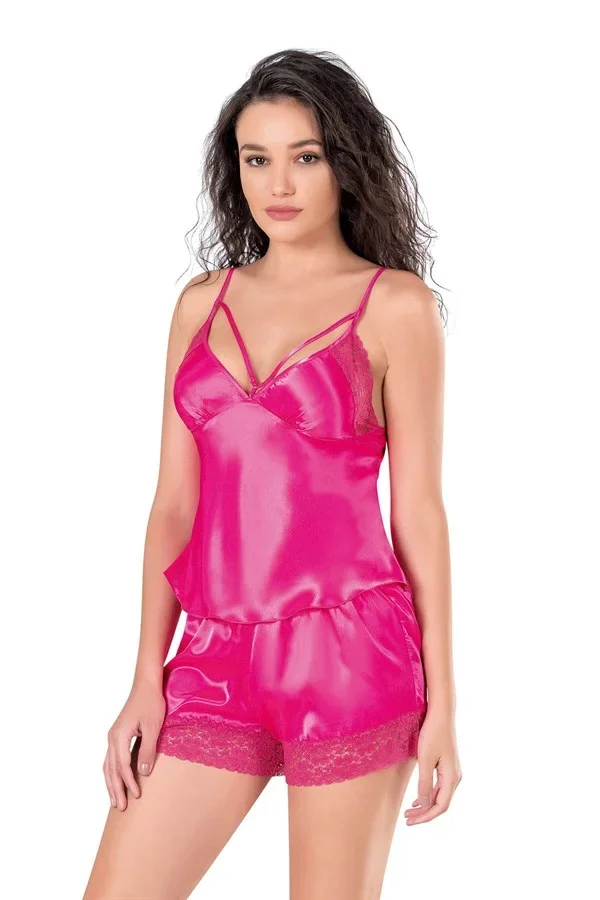 Fuşya Saten Babydoll Şort Takımı görsel 2