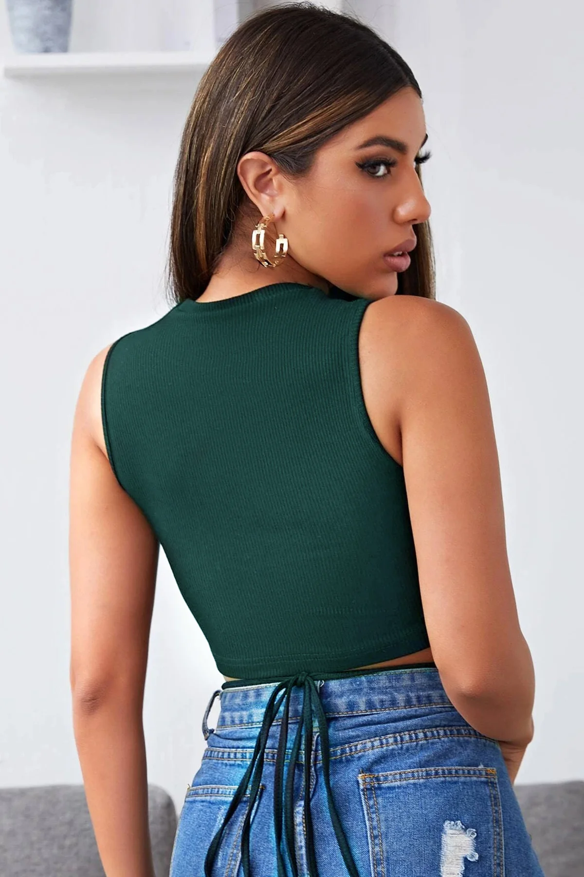 Kadın Yeşil Çapraz Bağlamalı Crop Top Büstiyer görsel 4