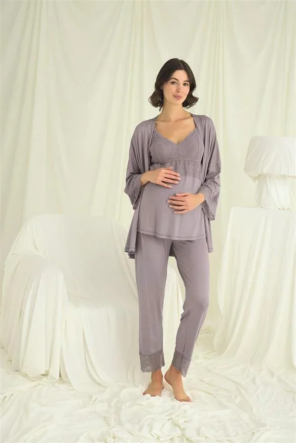 Dantelli Hamile Lohusa 3'lü Pijama Takımı görsel 2