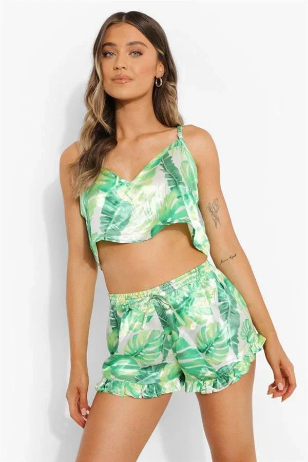 Yeşil Fırfırlı Şortlu Pijama Takımı görsel 3