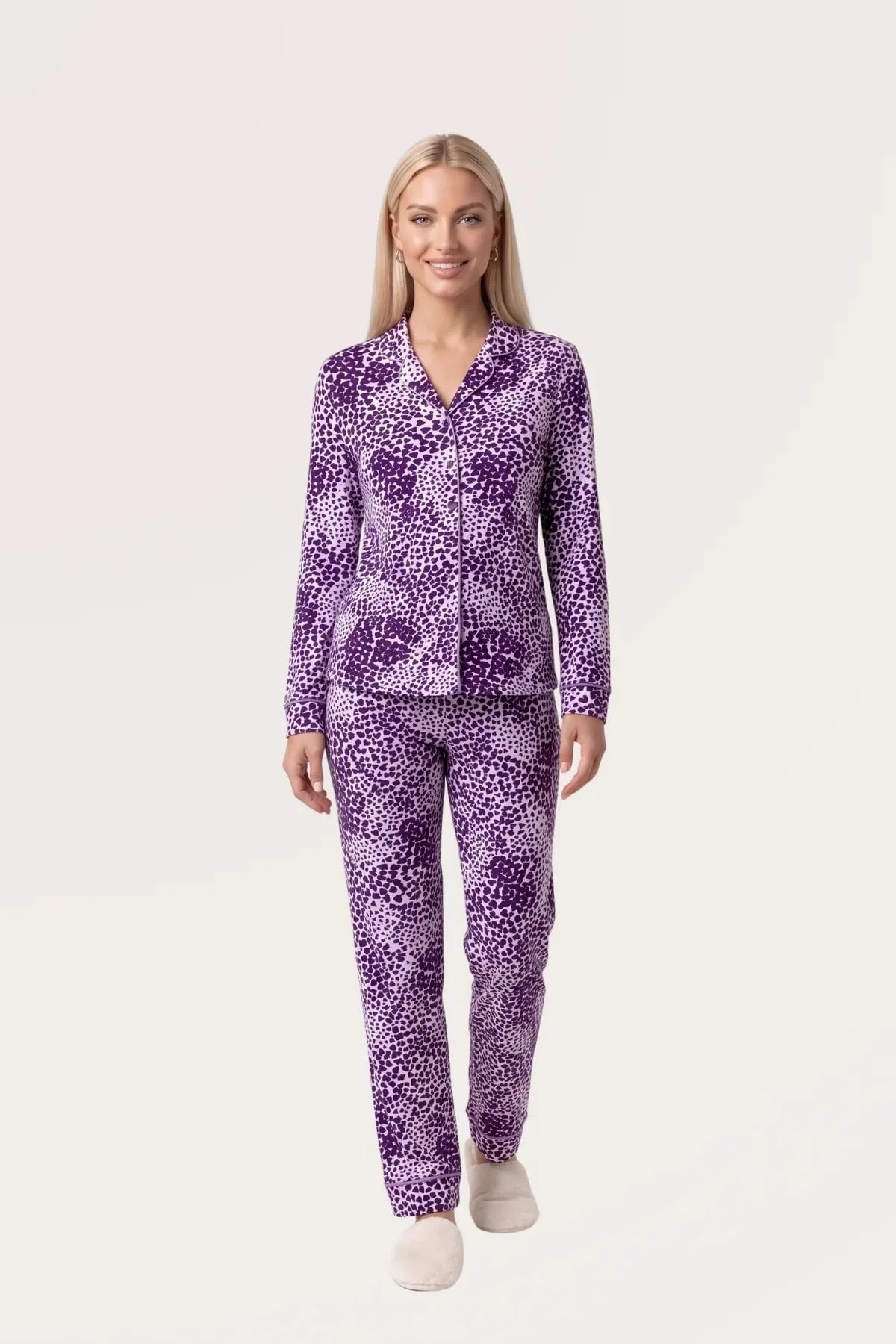 Pjs 30195 Kadın Önden Düğmeli Uzun Kol Pijama Takımı