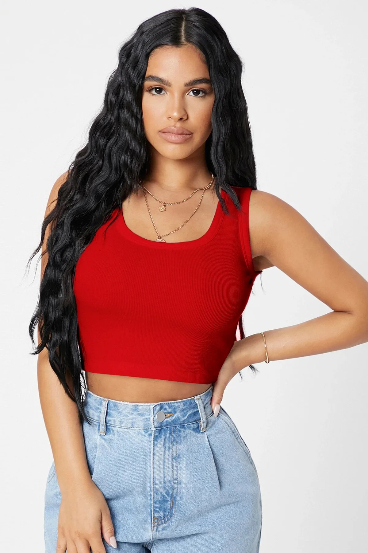 Kadın Kırmızı Kare Yaka Crop Top Bluz görsel 4