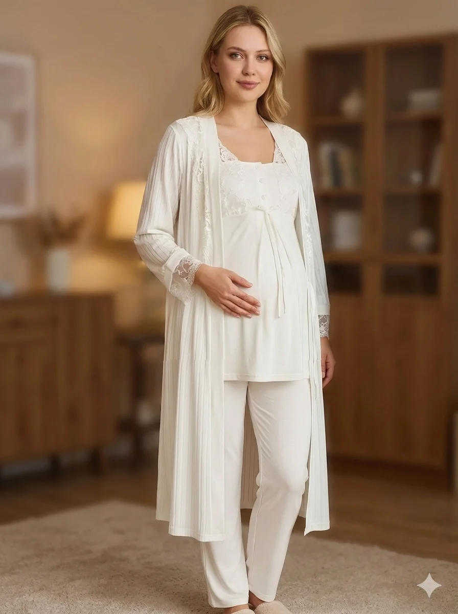 Bone 6205 Kadın 3'lü Jakarlı Sabahlıklı Lohusa Pijama Takımı