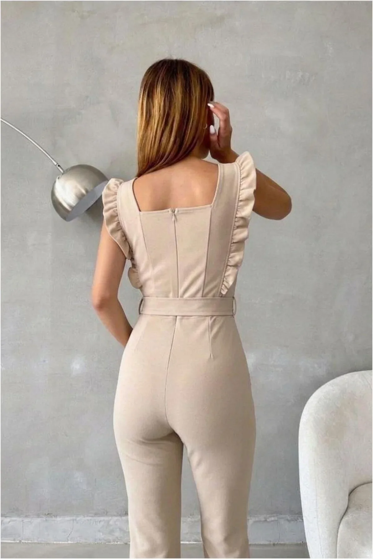 Krep Kuşaklı Kare Yaka Tulum Kumaş görsel 2