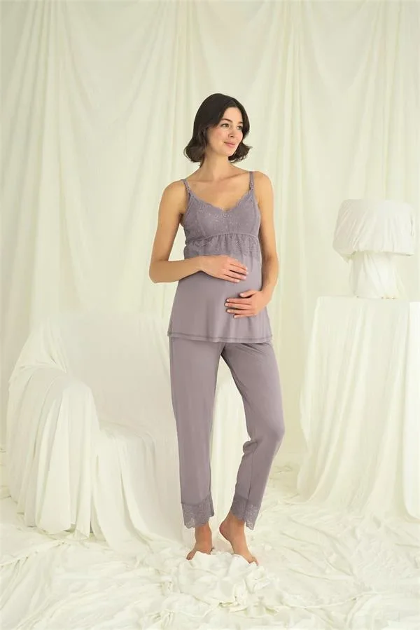 Dantelli Hamile Lohusa 3'lü Pijama Takımı görsel 7