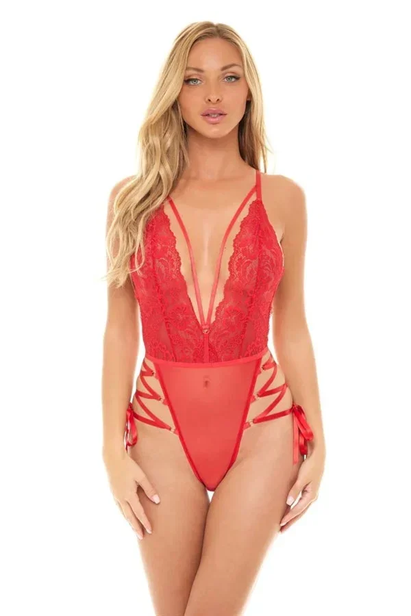 İp Detaylı Dantelli Kırmızı Body görsel 2