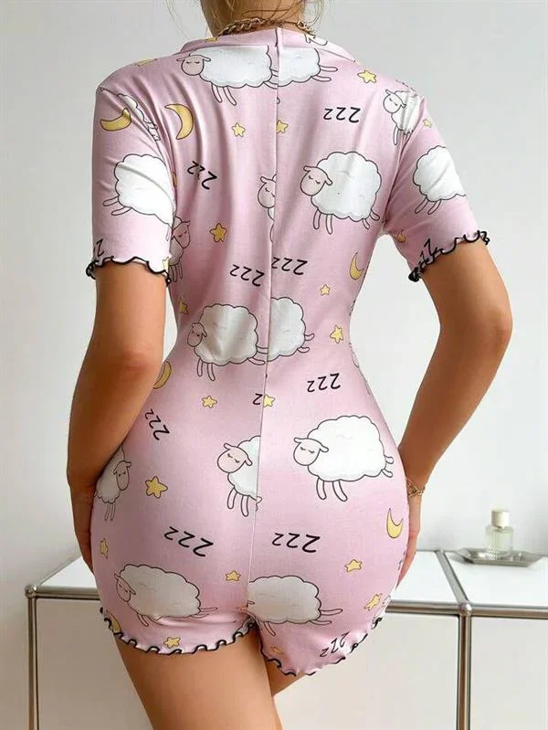 Pamuklu Pembe Kuzu Desenli Düğmeli Uzun Kol Tulum Pijama görsel 3